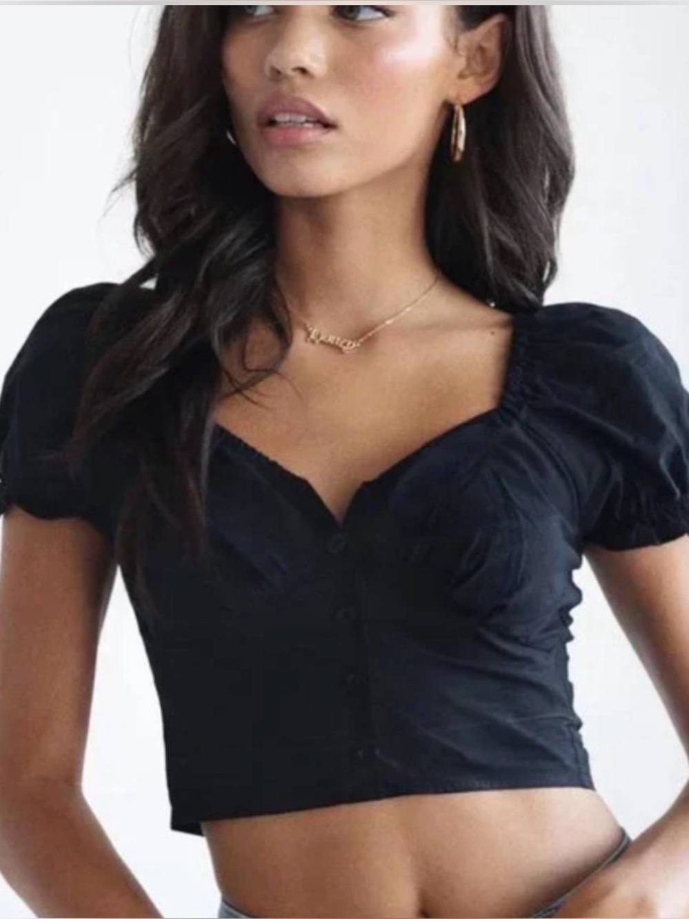 Princess Polly Black Off-Shoulder Button Crop Top